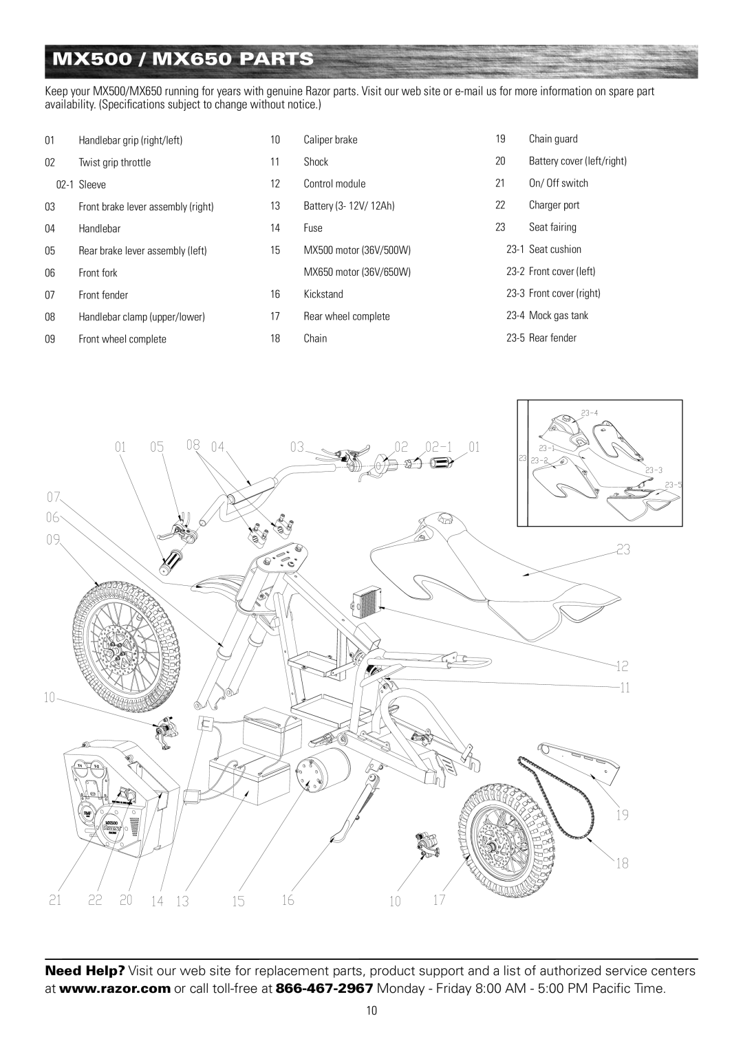 Razor owner manual MX500 / MX650 Parts 