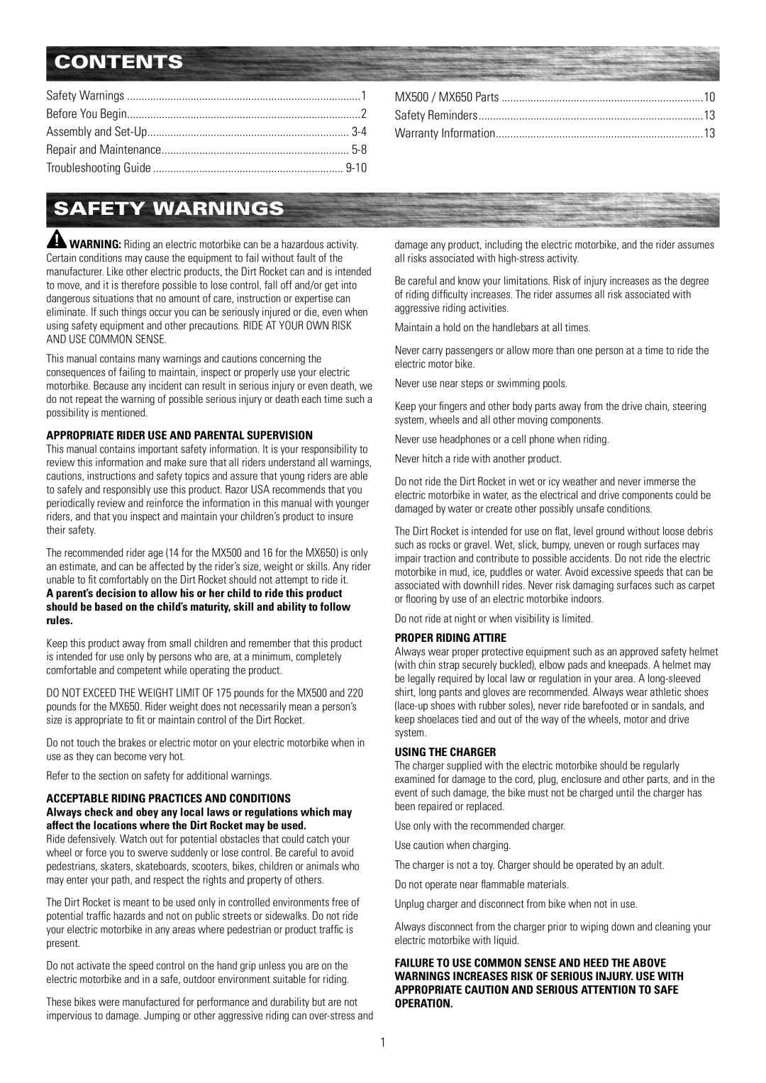 Razor MX500, MX650 owner manual Contents, Safety Warnings 