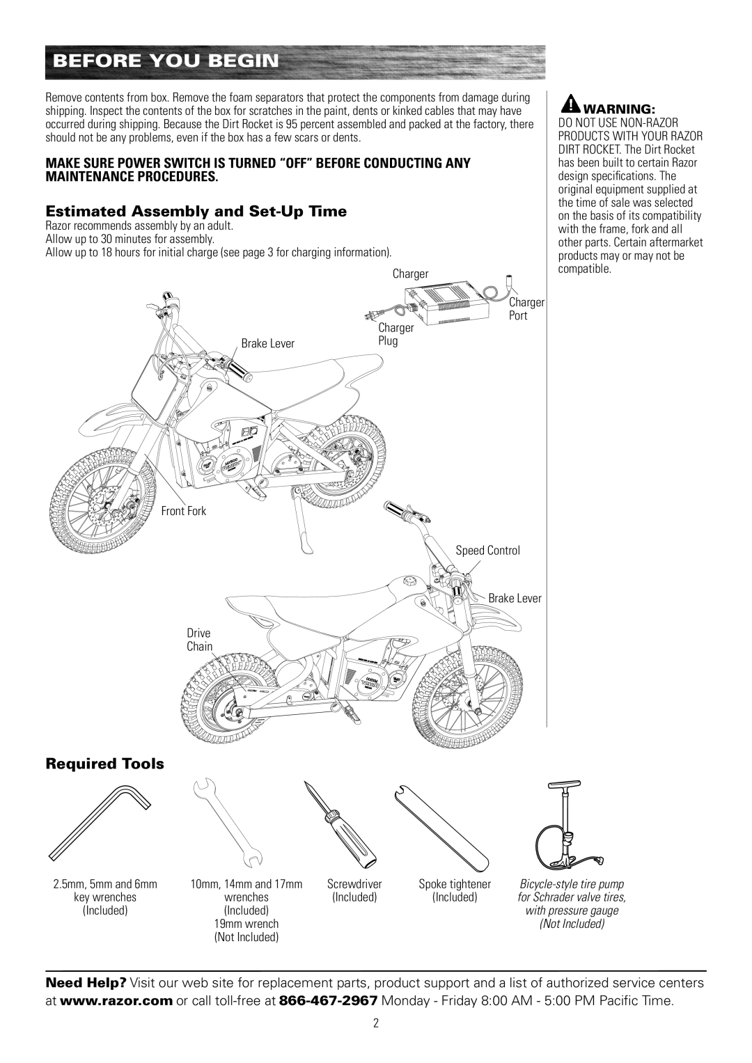 Razor MX650, MX500 owner manual Before You Begin, Estimated Assembly and Set-Up Time, Required Tools, Port 