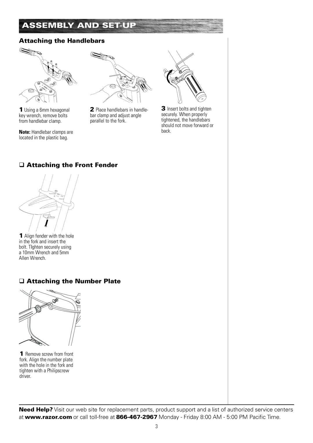 Razor MX500, MX650 Assembly and Set-Up, Attaching the Handlebars, Attaching the Front Fender, Attaching the Number Plate 