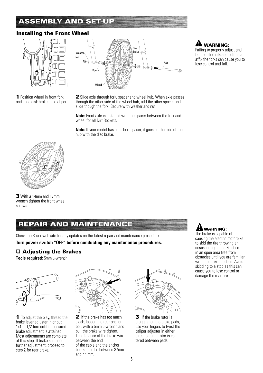 Razor MX500, MX650 Repair and Maintenance, Installing the Front Wheel, Adjusting the Brakes, Tools required 5mm L-wrench 