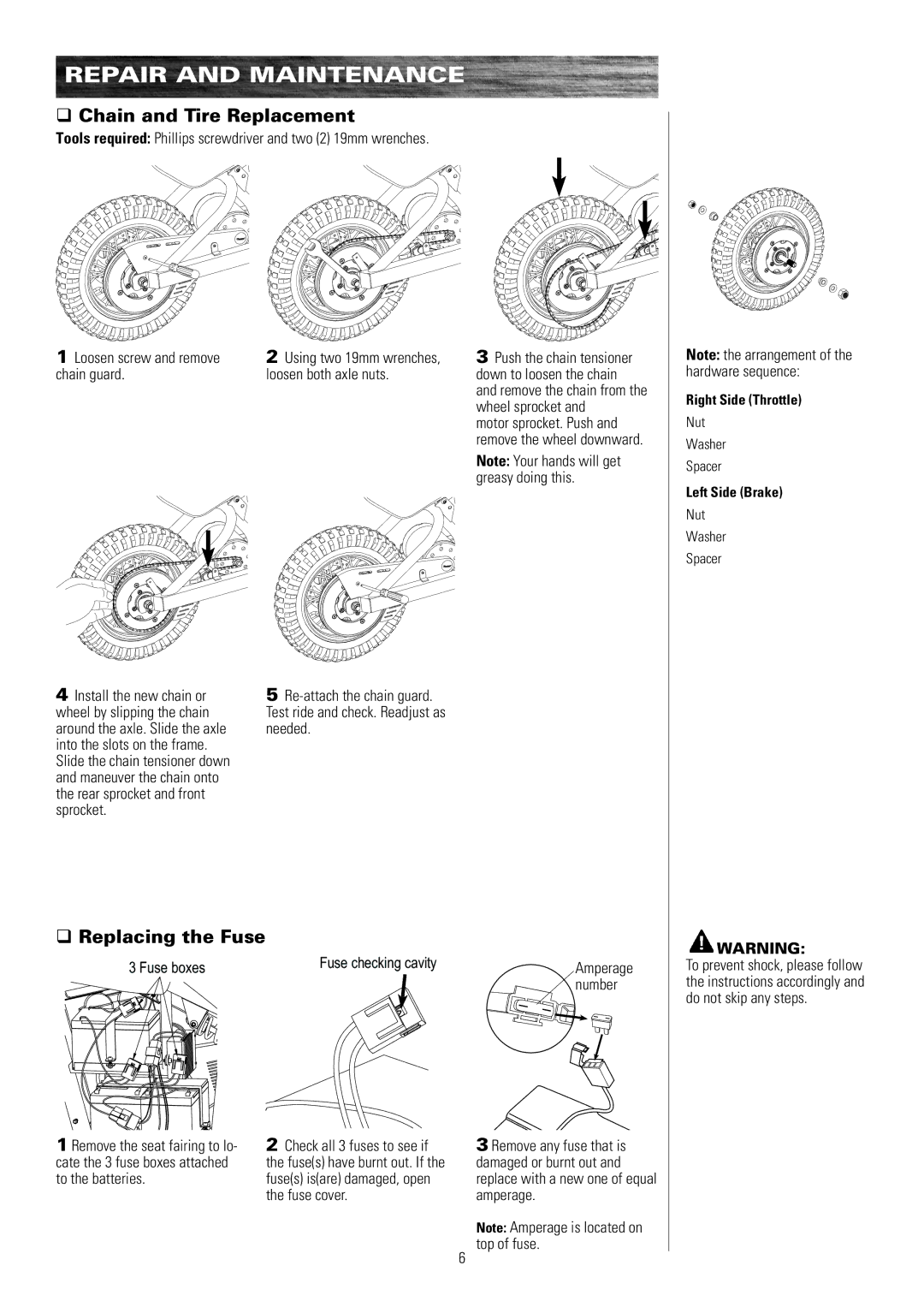 Razor MX650, MX500 owner manual Chain and Tire Replacement, Replacing the Fuse, Fuse boxes Fuse checking cavity, Number 