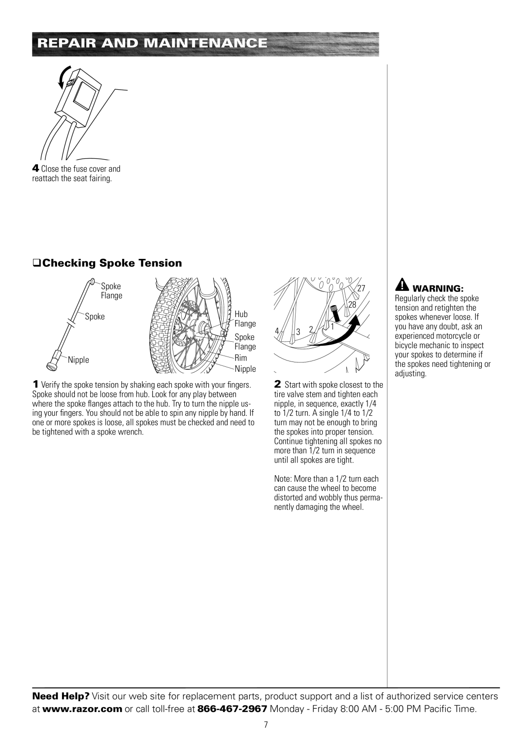 Razor MX500, MX650 owner manual QChecking Spoke Tension, Spoke Flange Hub, Nipple Rim 