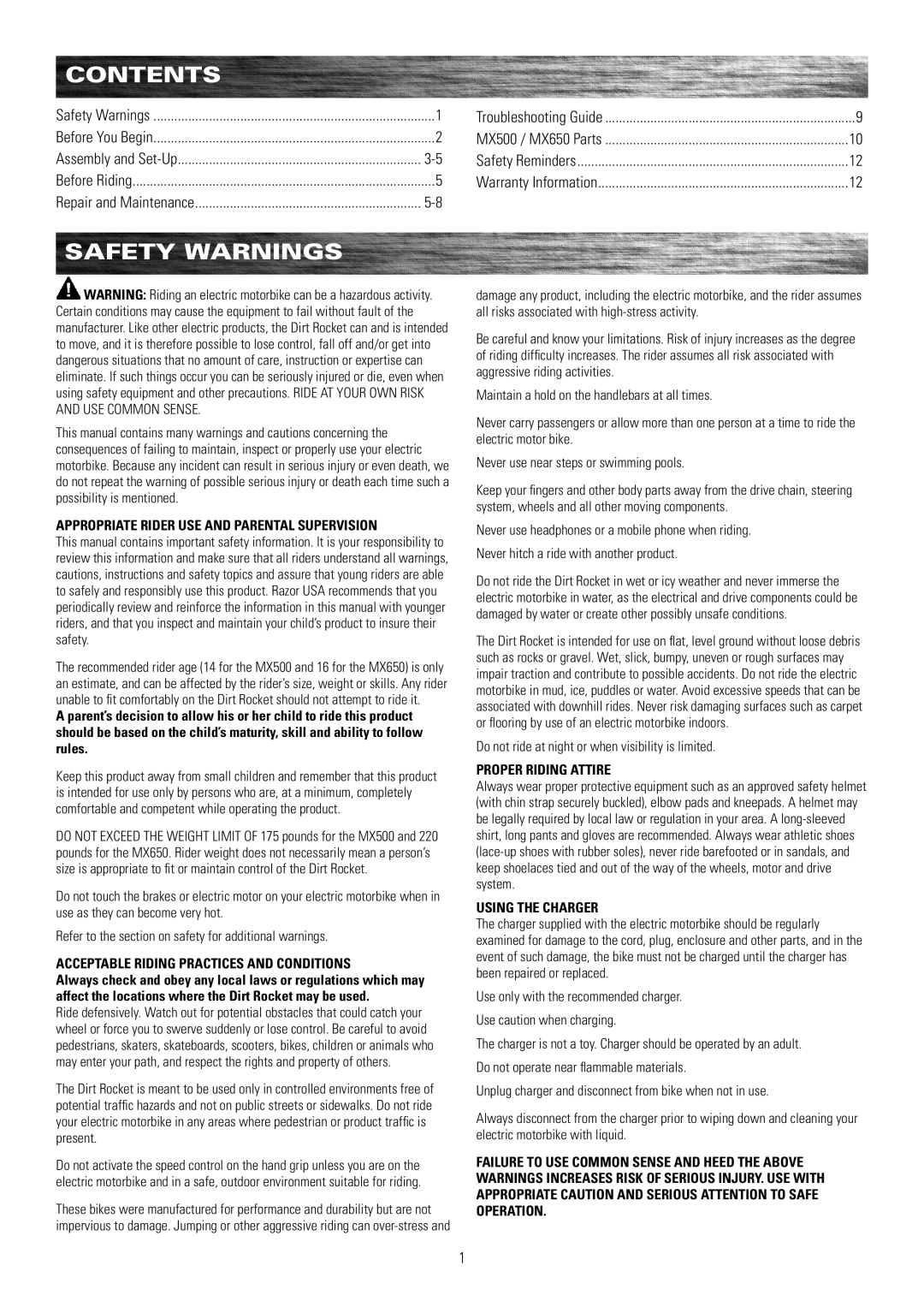 Razor MX500, MX650 owner manual Contents, Safety Warnings 