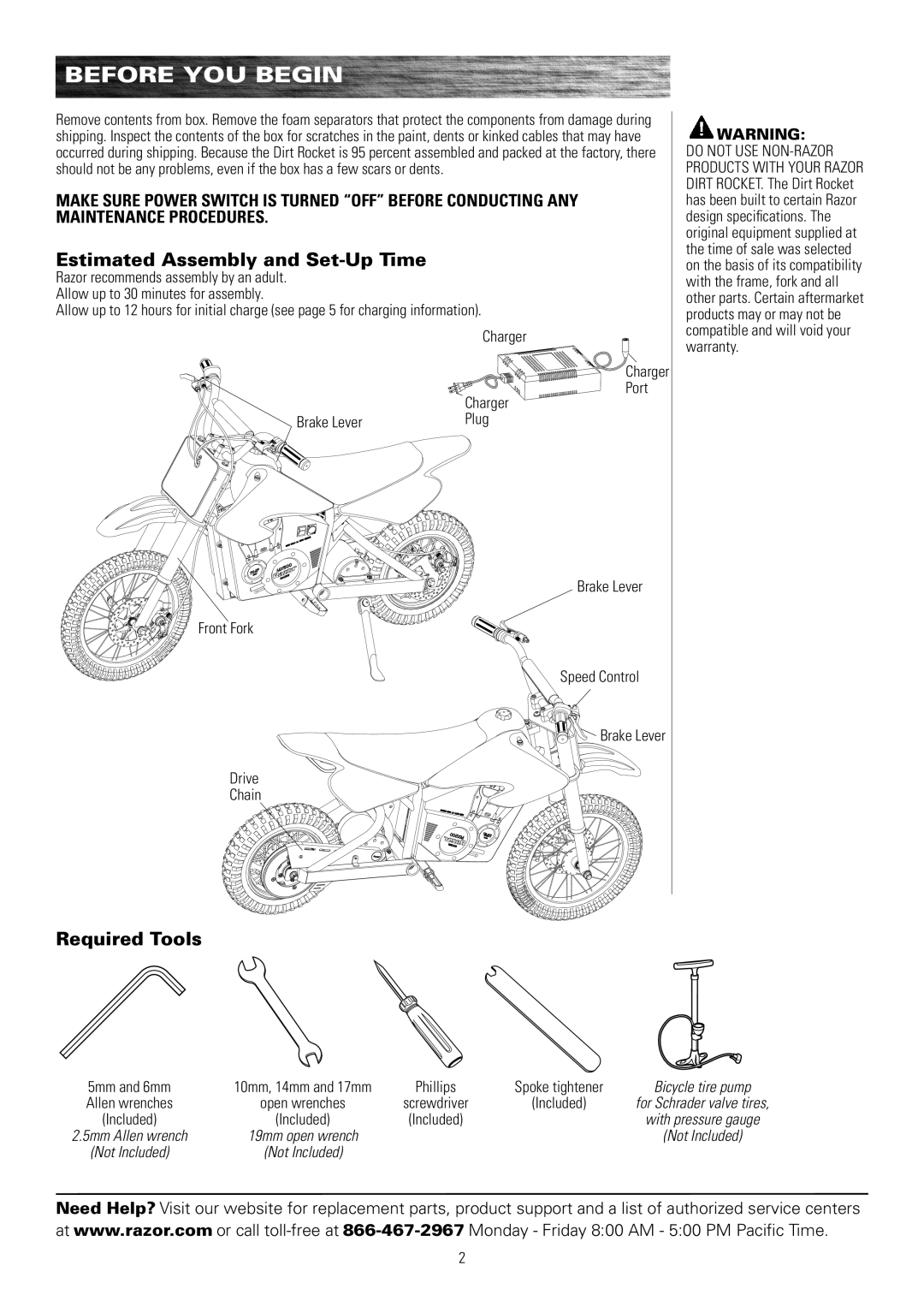 Razor MX650, MX500 owner manual Before You Begin, Estimated Assembly and Set-Up Time, Required Tools, Port 