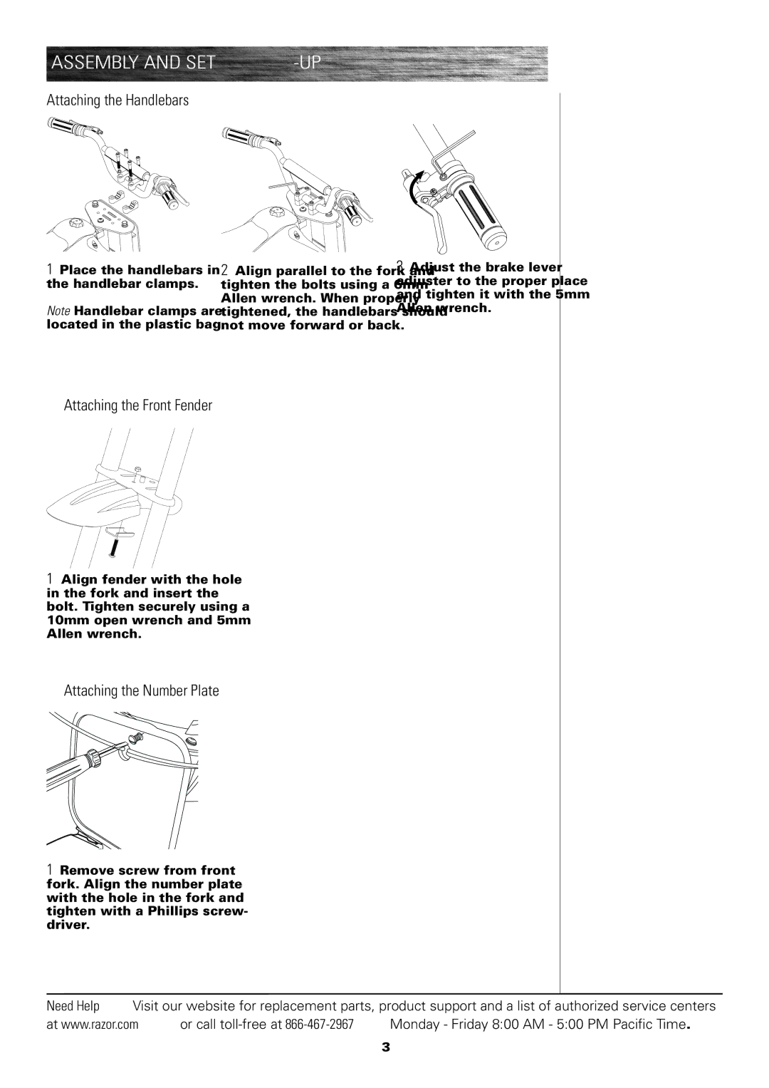 Razor MX500, MX650 Assembly and Set-Up, Attaching the Handlebars, Attaching the Front Fender, Attaching the Number Plate 