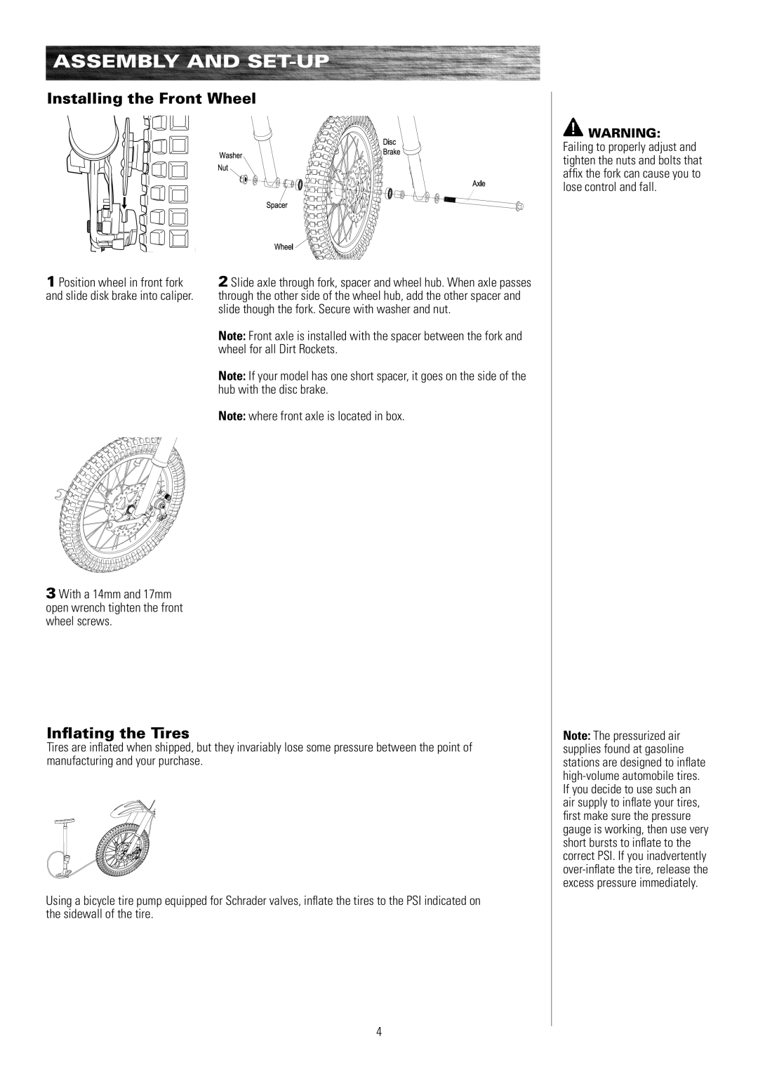 Razor MX650, MX500 owner manual Installing the Front Wheel, Inflating the Tires 