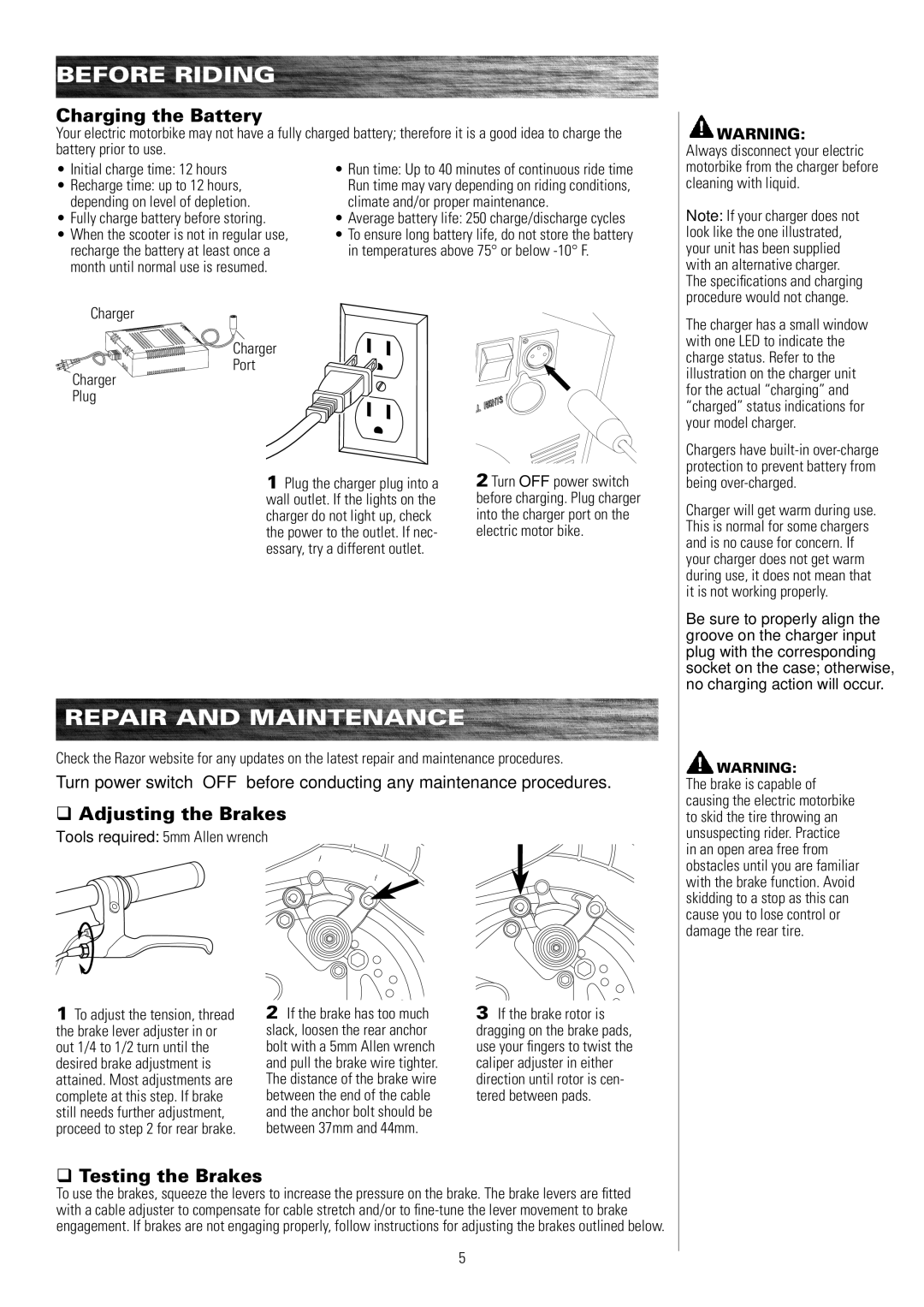 Razor MX500, MX650 owner manual Repair and Maintenance, Charging the Battery, Adjusting the Brakes, Testing the Brakes 