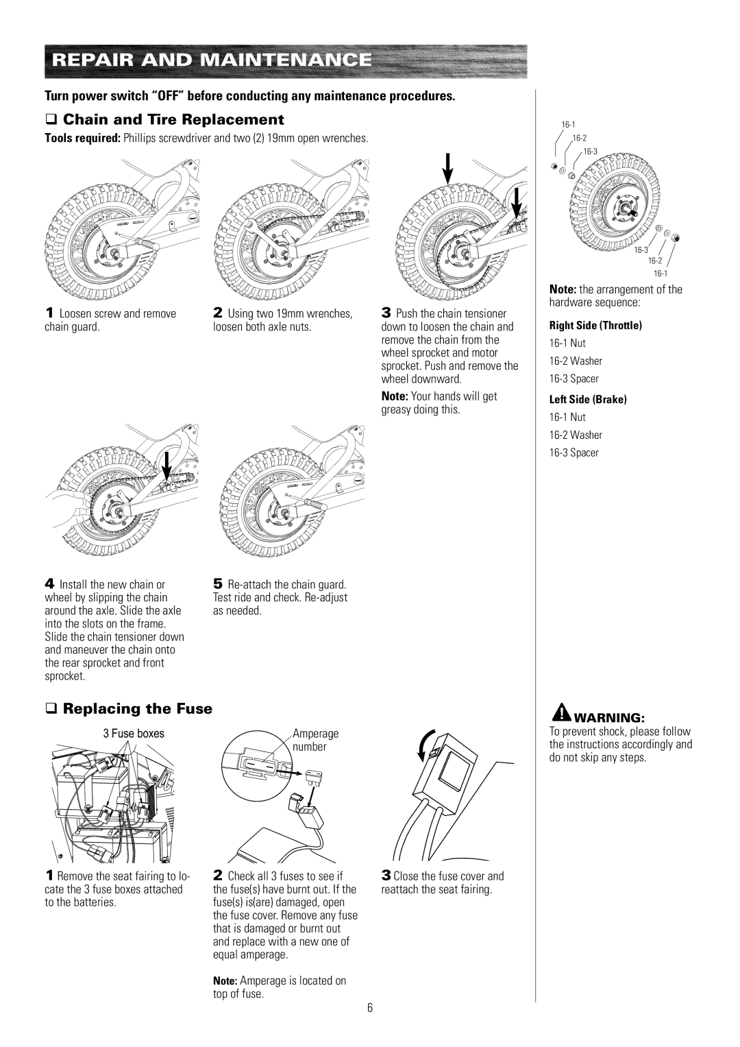 Razor MX650, MX500 Chain and Tire Replacement, Replacing the Fuse, Loosen screw and remove chain guard, Fuse boxes, Number 