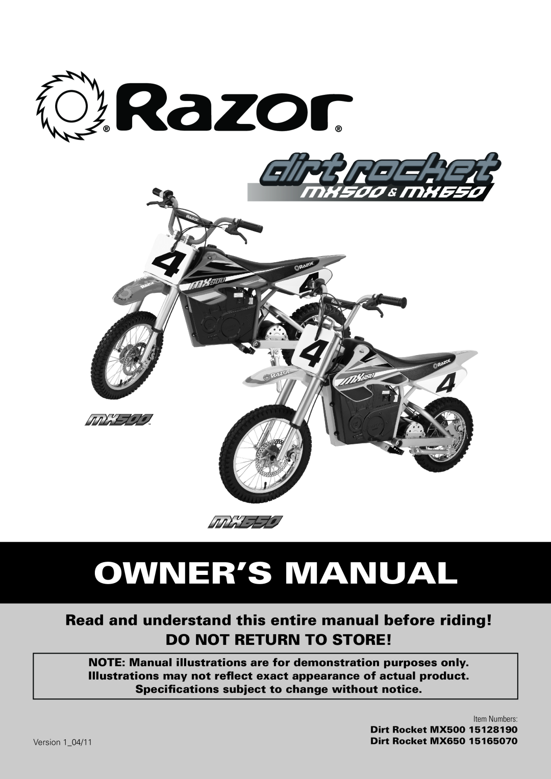 Razor owner manual Specifications subject to change without notice, Dirt Rocket MX500, Dirt Rocket MX650 