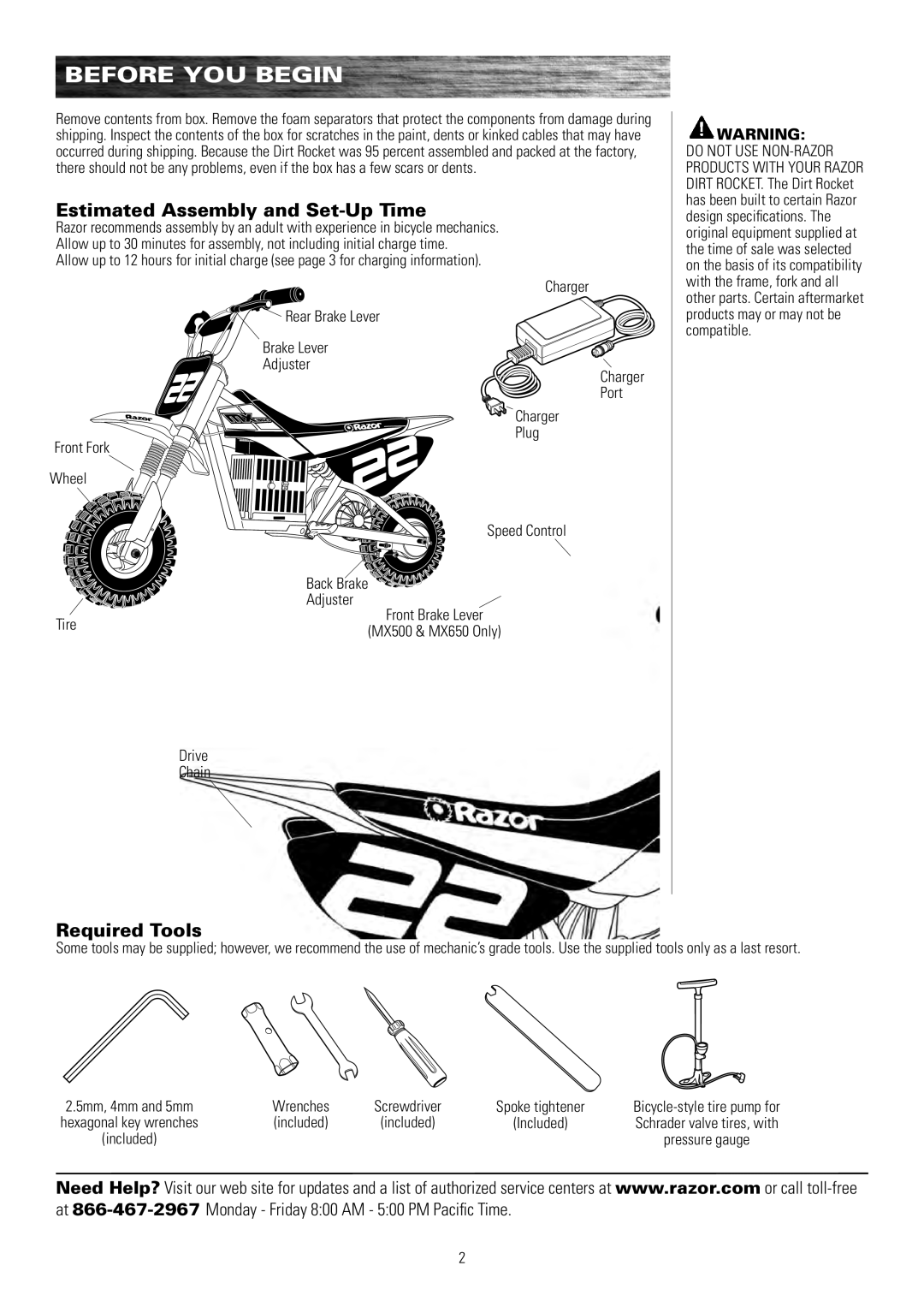 Razor MX650 15165070, MX350 15128050, MX500 15128190 Before You Begin, Estimated Assembly and Set-Up Time, Required Tools 