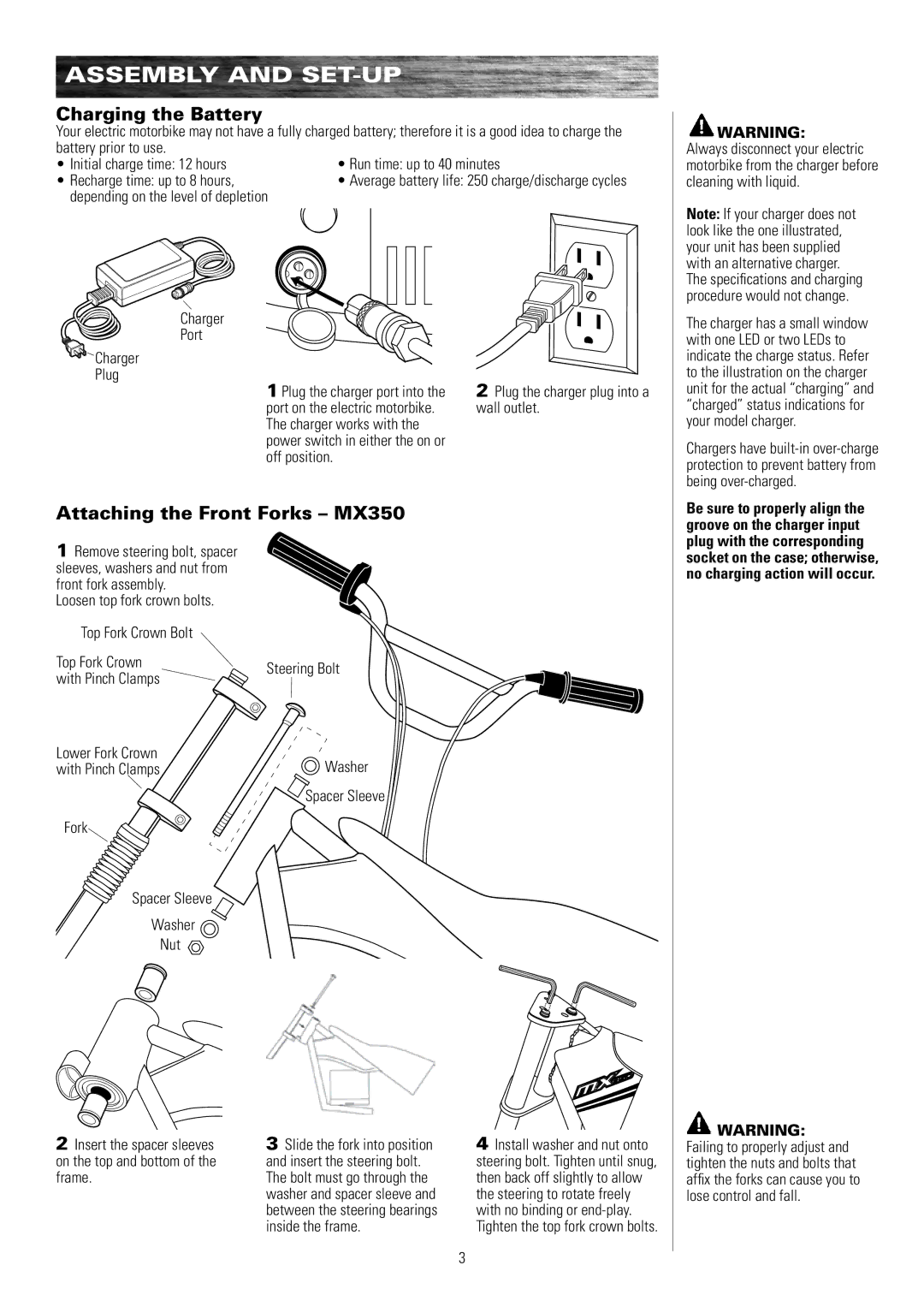 Razor MX350 15128050, MX650 15165070 owner manual Assembly and Set-Up, Charging the Battery, Attaching the Front Forks MX350 