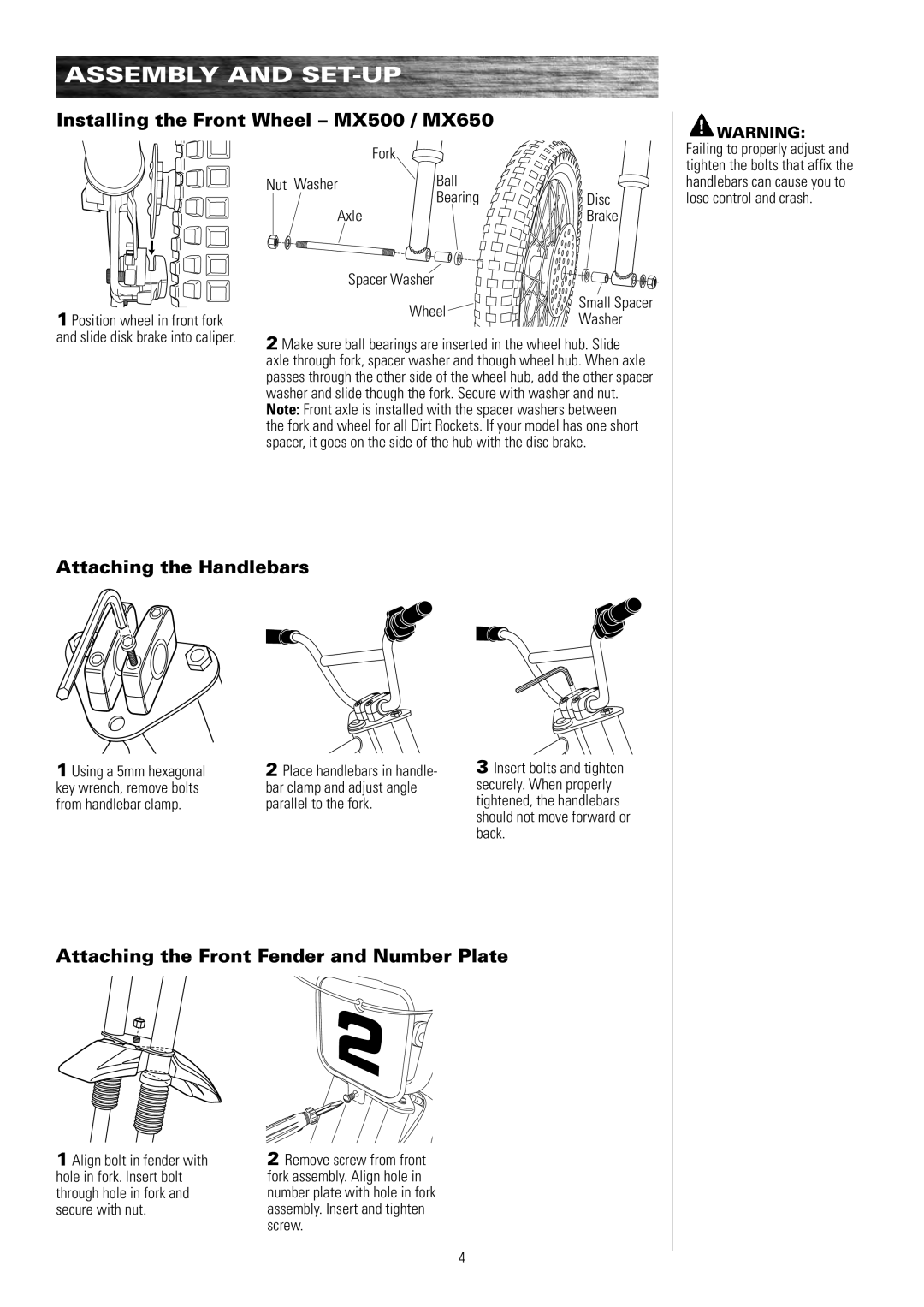 Razor MX500 15128190, MX650 15165070, MX350 15128050 Installing the Front Wheel MX500 / MX650, Attaching the Handlebars 