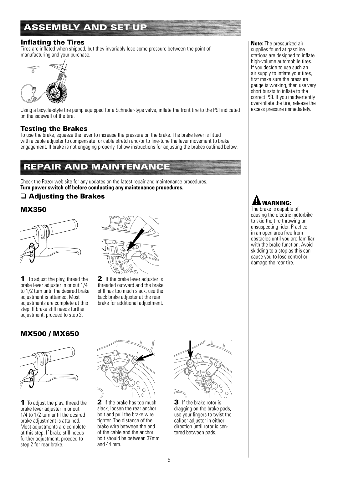 Razor MX650 15165070 Repair and Maintenance, Inflating the Tires, Testing the Brakes, Adjusting the Brakes MX350 