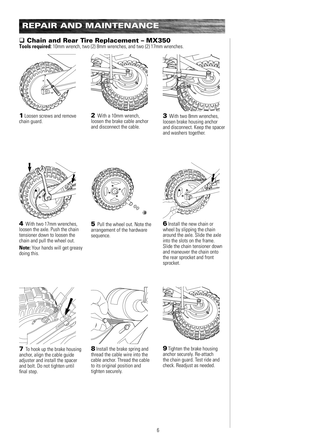 Razor MX350 15128050, MX650 15165070, MX500 15128190 owner manual Chain and Rear Tire Replacement MX350 