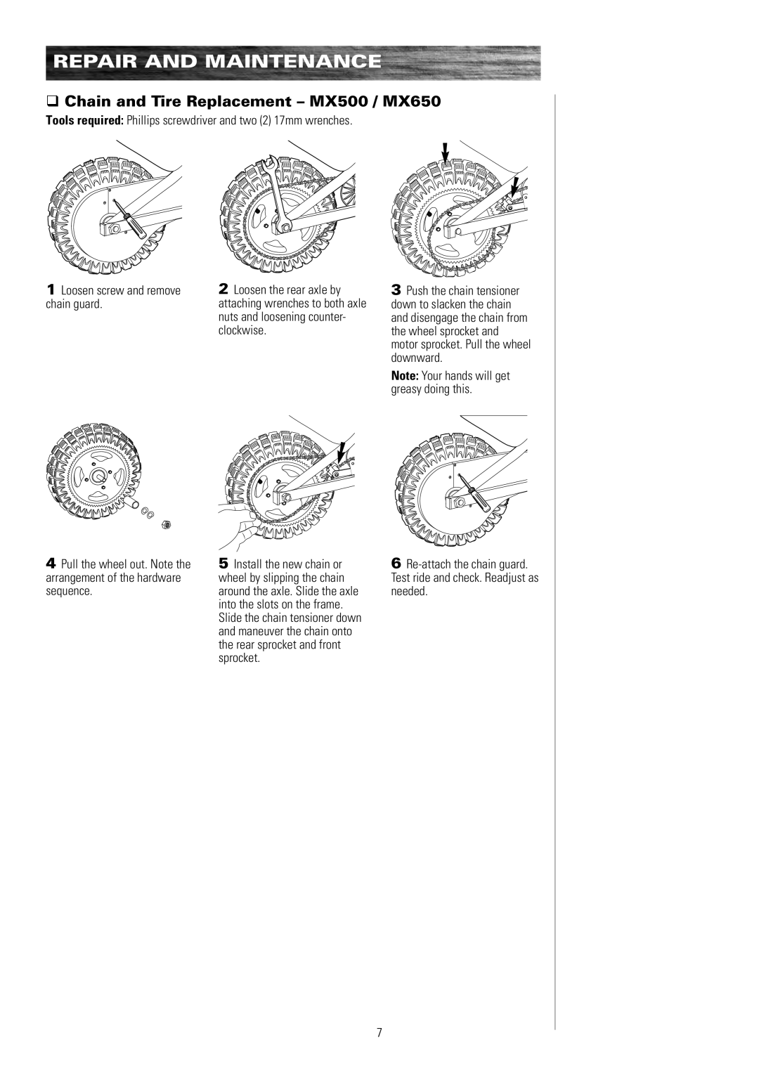 Razor MX500 15128190, MX650 15165070, MX350 15128050 owner manual Chain and Tire Replacement MX500 / MX650 