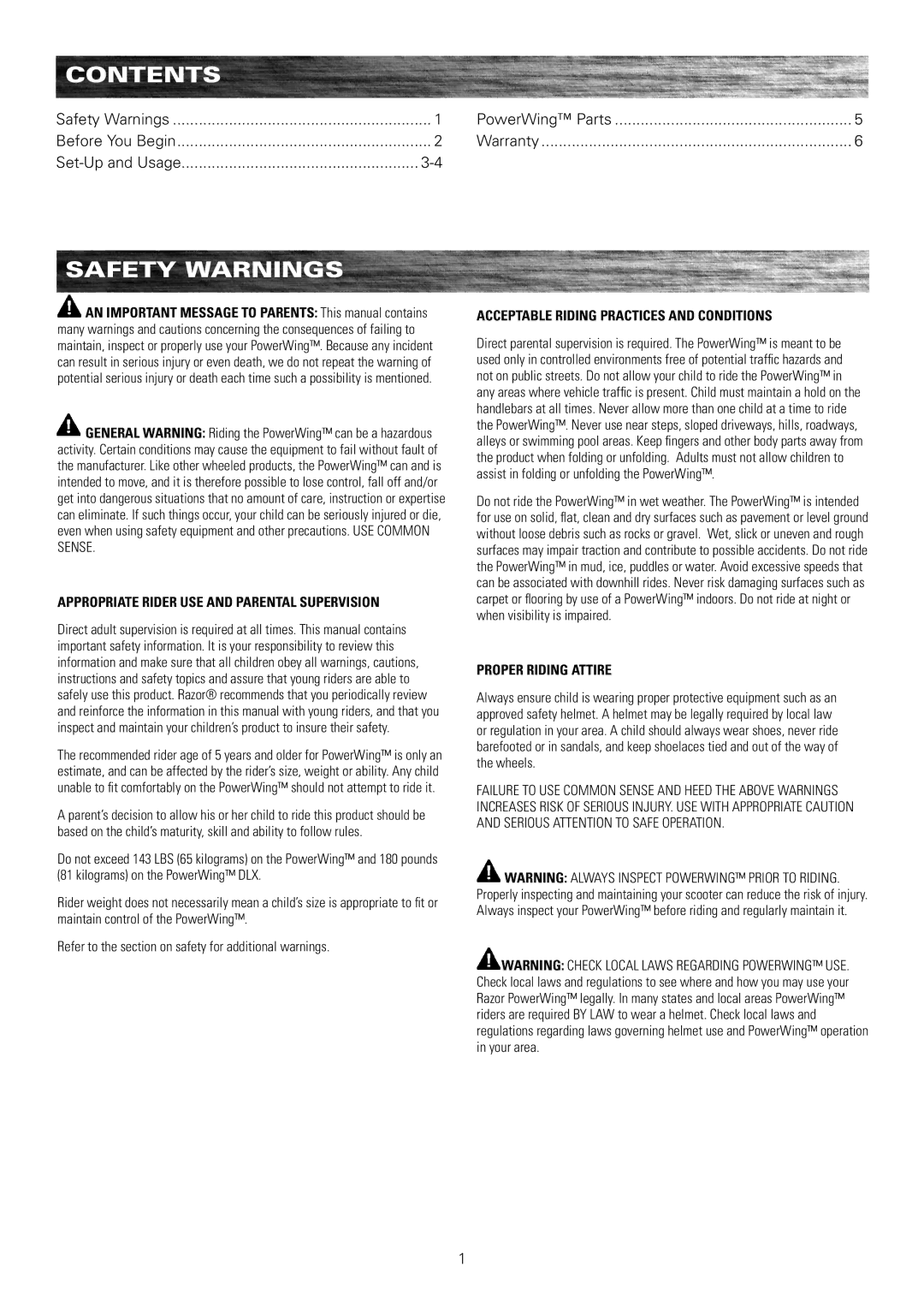 Razor Powerwing owner manual Contents, Safety Warnings 