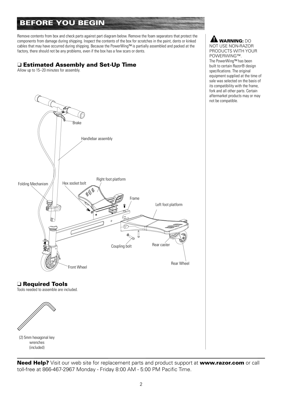 Razor Powerwing owner manual Before You Begin, Estimated Assembly and Set-Up Time, Required Tools 