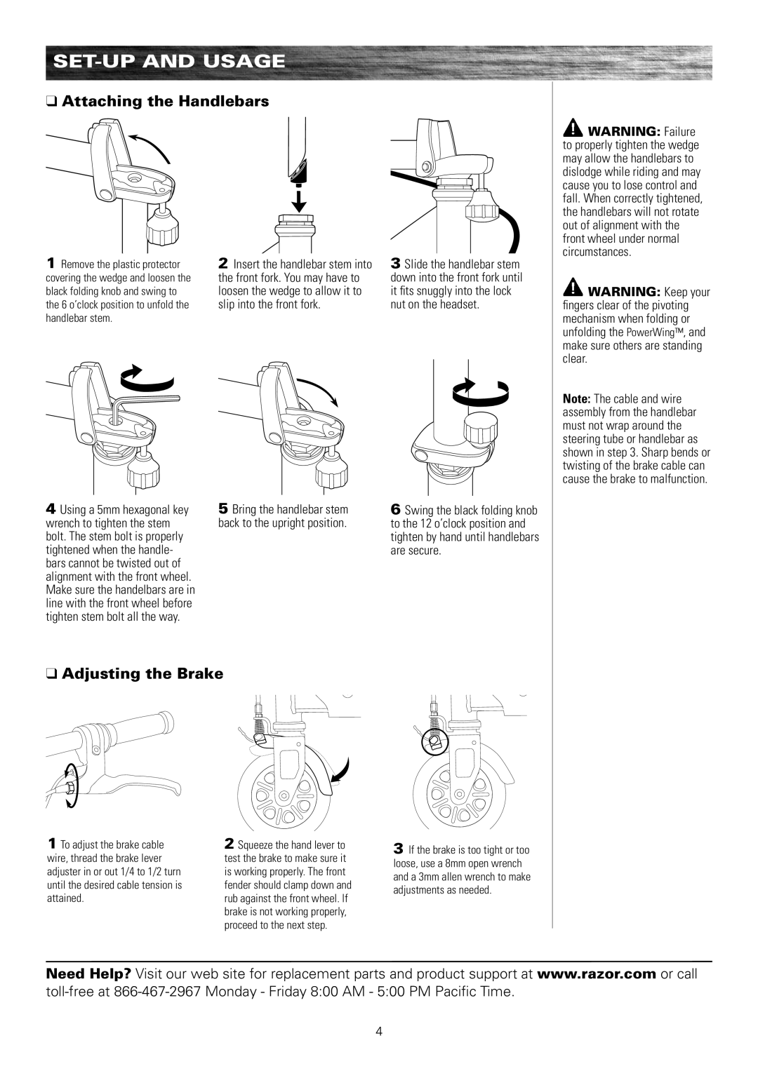 Razor Powerwing owner manual Attaching the Handlebars, Adjusting the Brake 