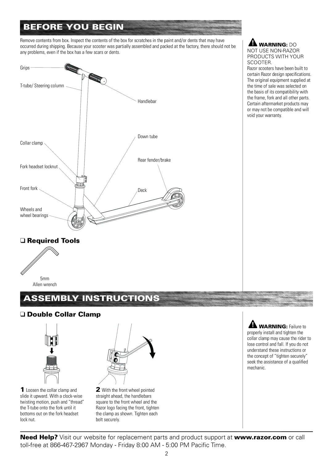 Razor v.1_09-11 owner manual Before yOU BEgIN, ASSEmBly Instructions, Required Tools, Double Collar Clamp 