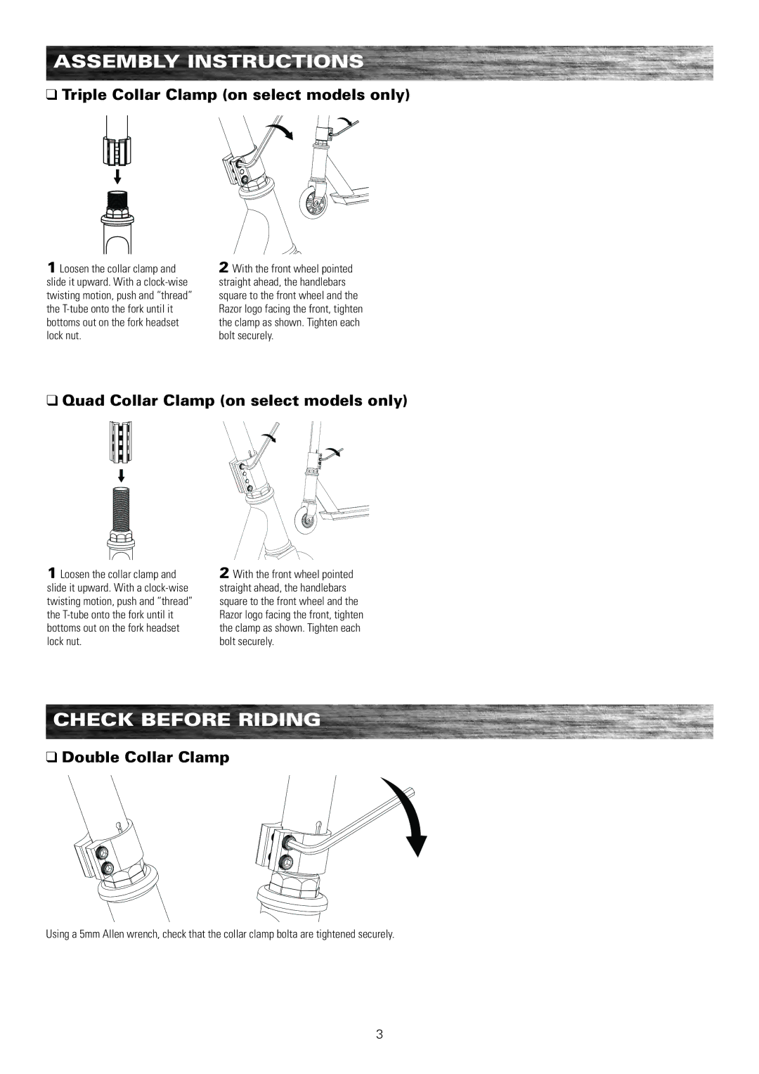 Razor v.1_09-11 CHECk Before RIDINg, Triple Collar Clamp on select models only, Quad Collar Clamp on select models only 