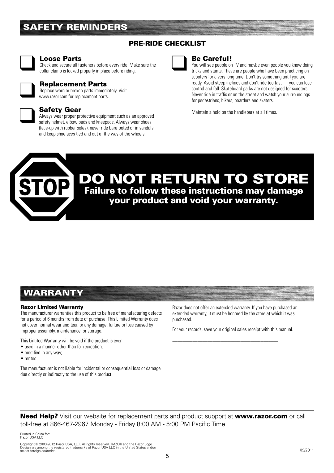 Razor v.1_09-11 SaFETy REmINDERS, WaRRaNTy, PRE-RIDE CHECklIST Loose Parts Be Careful, Replacement Parts, Safety gear 