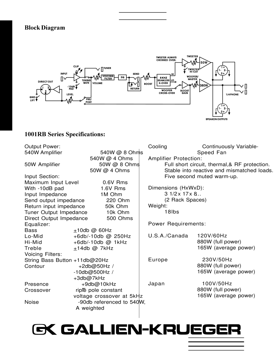 RBH Sound 1001RB/115, 1001RB/210 manual Block Diagram 1001RB Series Specifications 