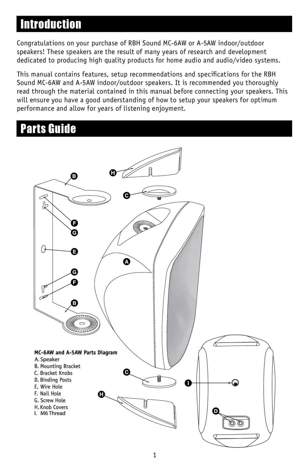 RBH Sound A-5AW, MC-6AW operation manual Introduction, Parts Guide 