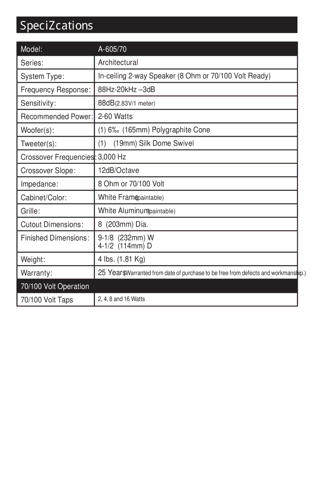 RBH Sound A-605/70 owner manual Specifications, Model 605/70 