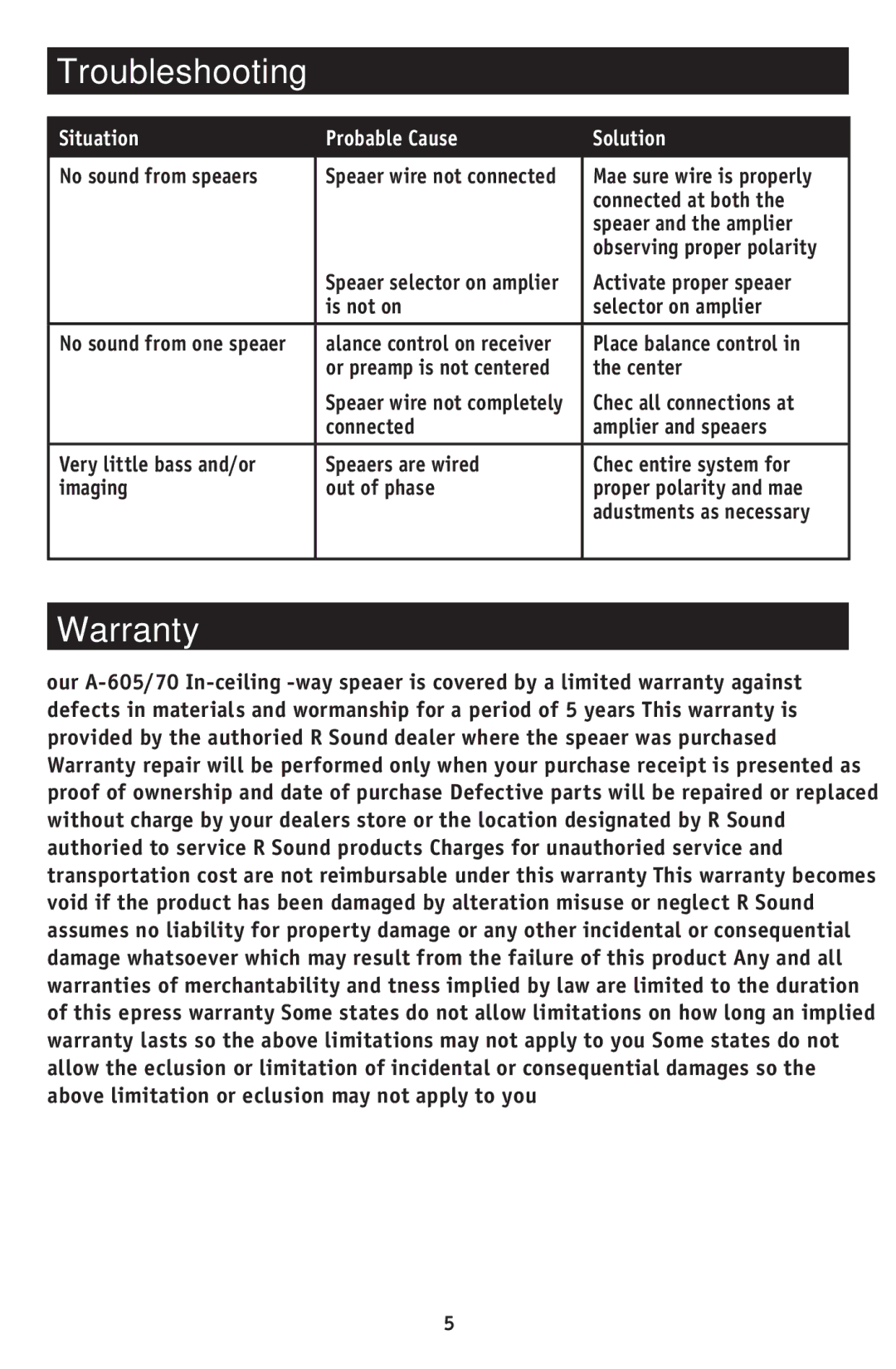 RBH Sound A-605/70 owner manual Troubleshooting, Warranty, Situation Probable Cause Solution 