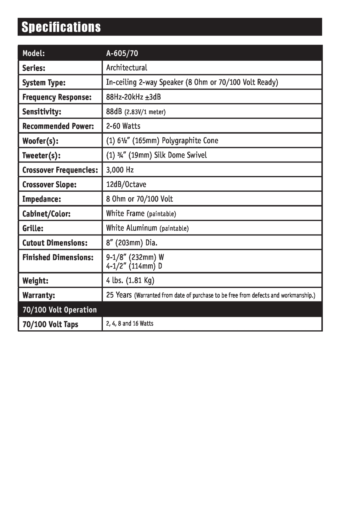 RBH Sound A-605/70 owner manual Specifications, Model 