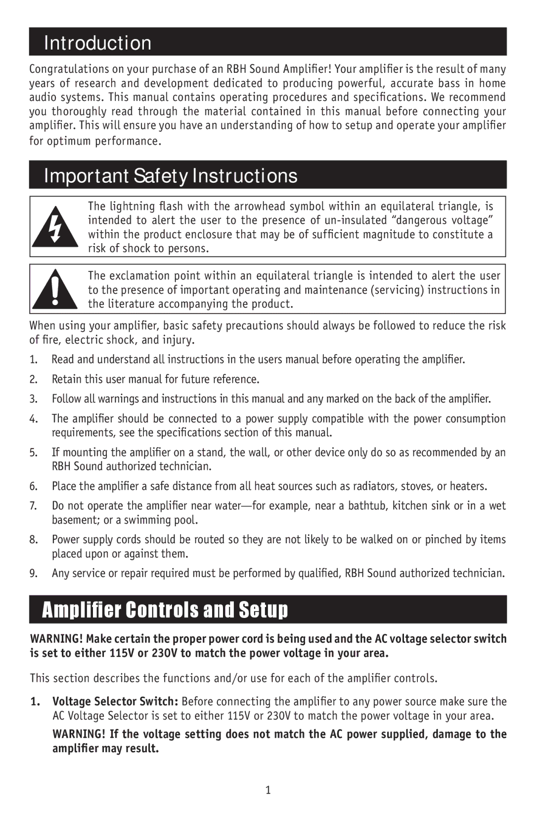 RBH Sound CA-200 owner manual Introduction, Important Safety Instructions, Amplifier Controls and Setup 