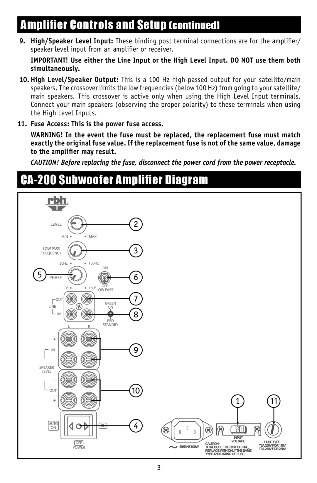 RBH Sound owner manual CA-200 Subwoofer Amplifier Diagram 