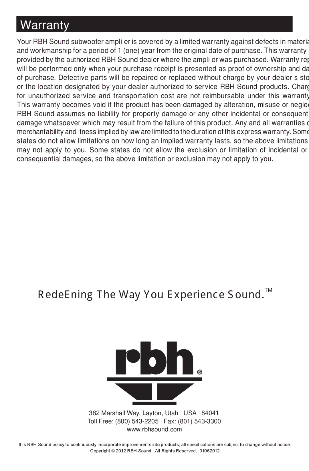 RBH Sound CA-200 owner manual Warranty, Redefining The Way You Experience Sound.TM 