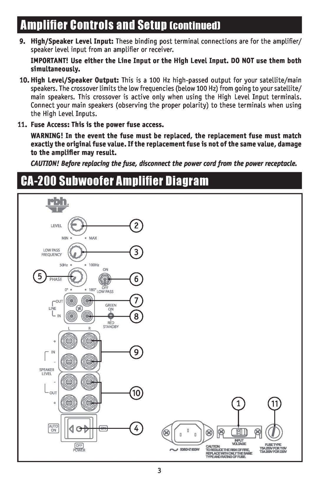 RBH Sound owner manual CA-200Subwoofer Amplifier Diagram, Amplifier Controls and Setup continued 