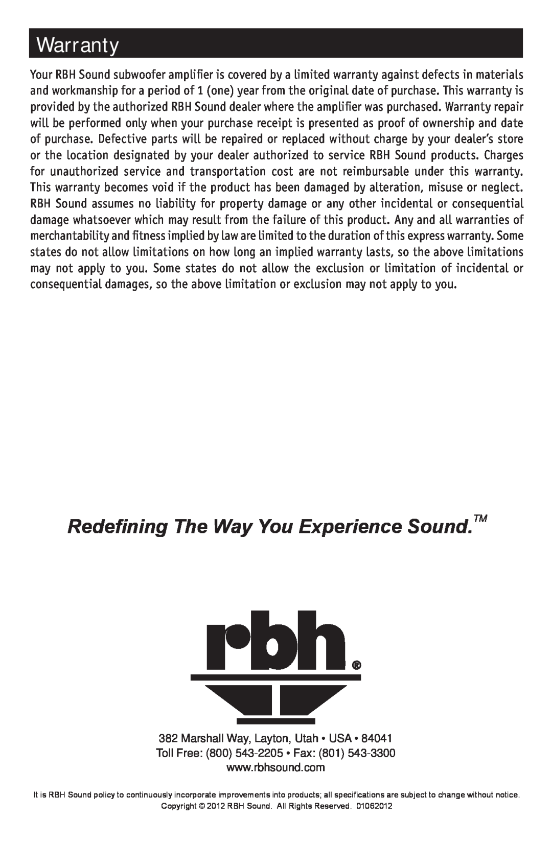 RBH Sound CA-200 owner manual Warranty, Redefining The Way You Experience Sound.TM 