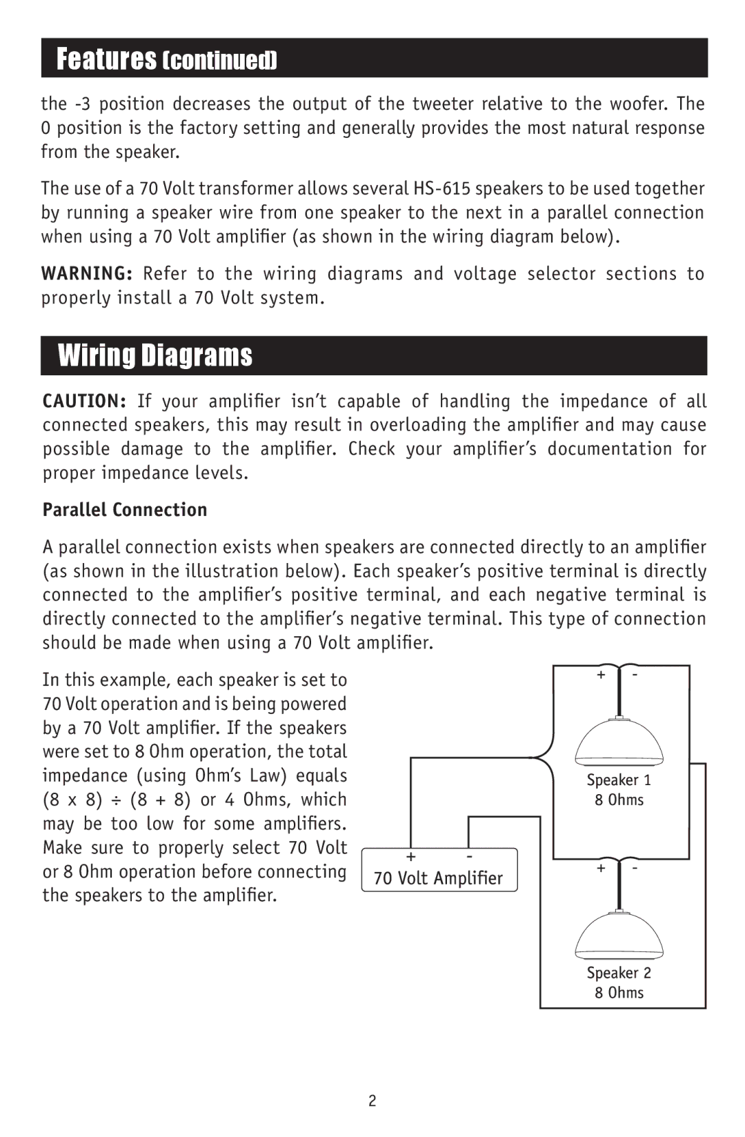 RBH Sound HS-615 owner manual Wiring Diagrams, Parallel Connection 