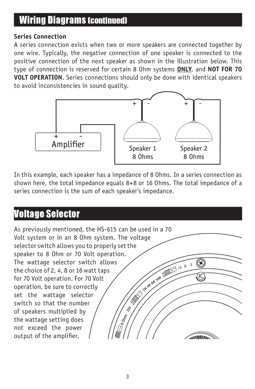 RBH Sound HS-615 owner manual Voltage Selector, Series Connection 