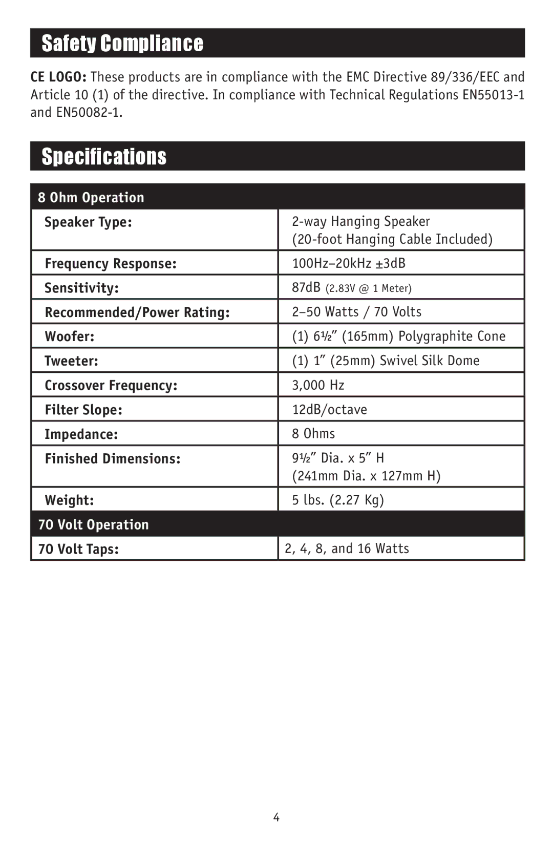 RBH Sound HS-615 owner manual Safety Compliance, Specifications 