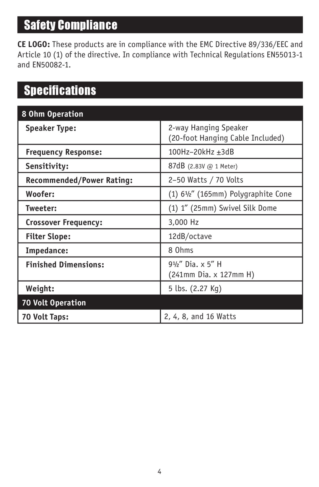 RBH Sound HS-615 owner manual Safety Compliance, Specifications, Ohm Operation, Volt Operation 