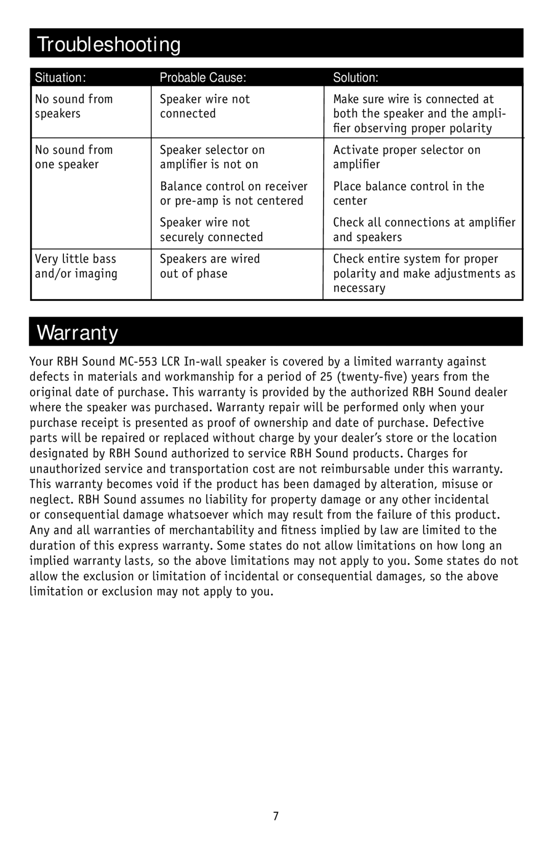 RBH Sound MC-553LCR owner manual Troubleshooting, Warranty 