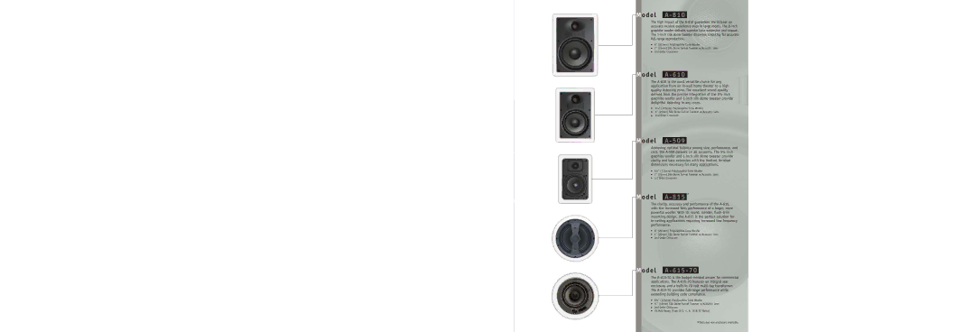 RBH Sound MC-616 technical specifications Model A-810, Model A-610, Model A-509, Model A-815, Model A-615-70 