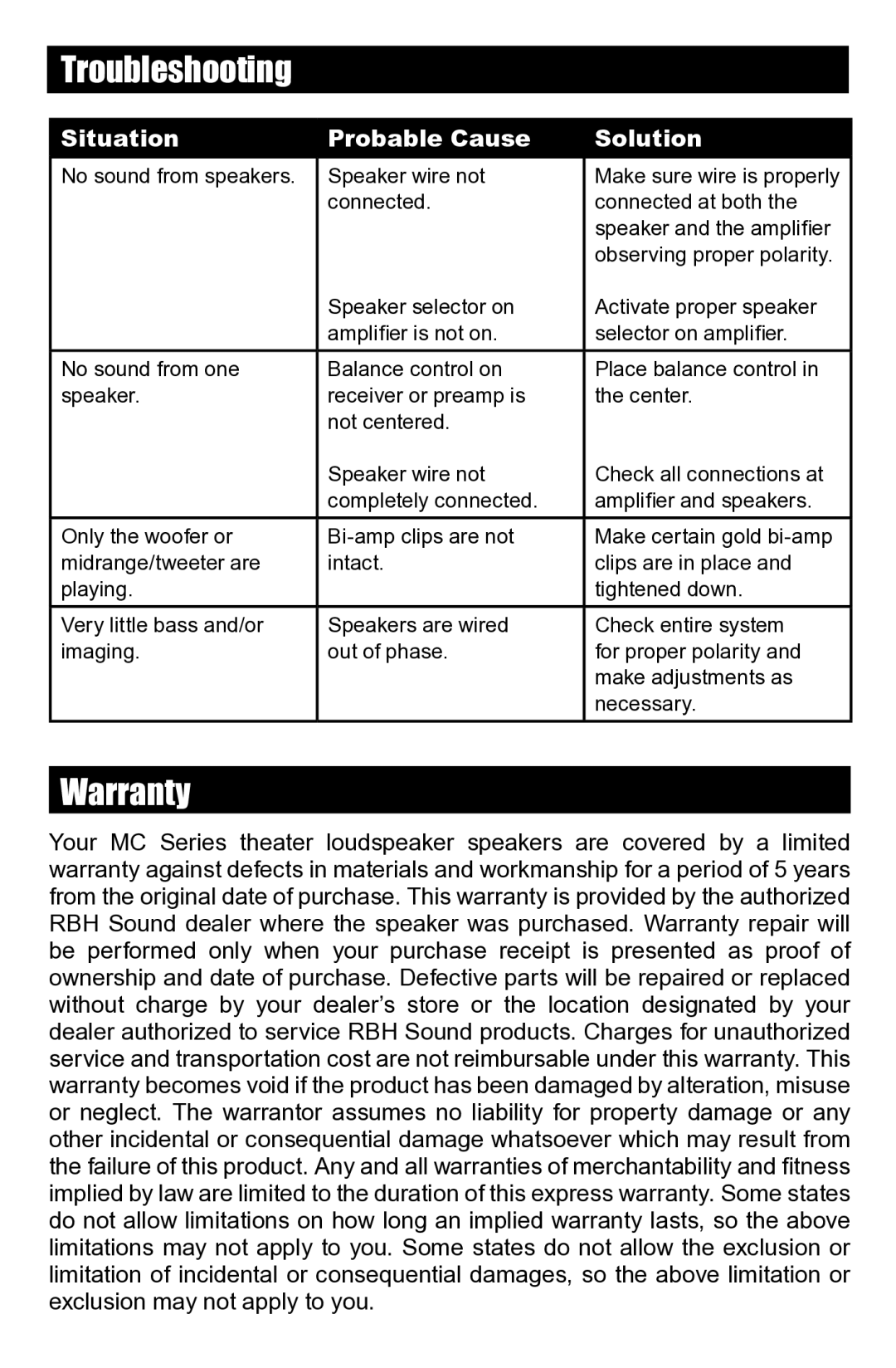 RBH Sound MC SERIES owner manual Troubleshooting, Warranty 