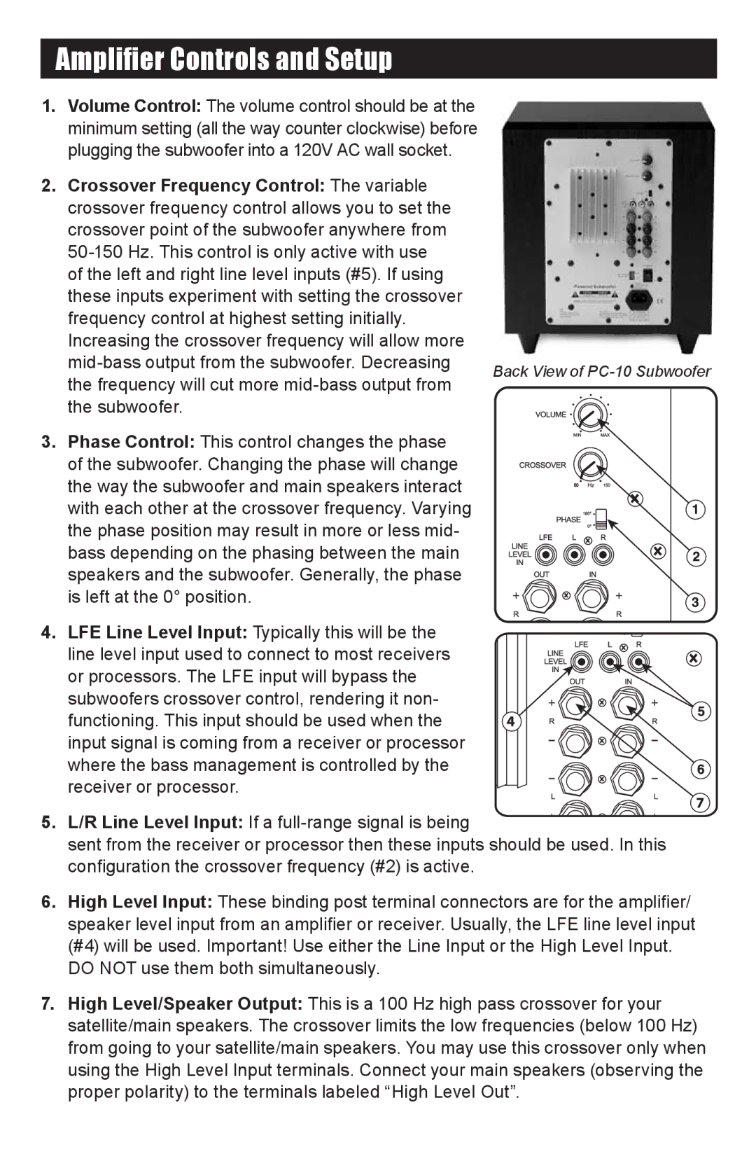 RBH Sound PC-10 SUBWOOFER owner manual Amplifier Controls and Setup 