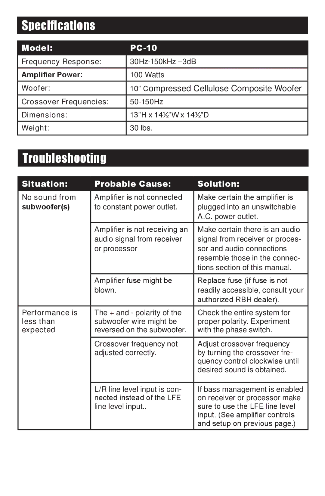 RBH Sound PC-10 SUBWOOFER owner manual Specifications, Troubleshooting 