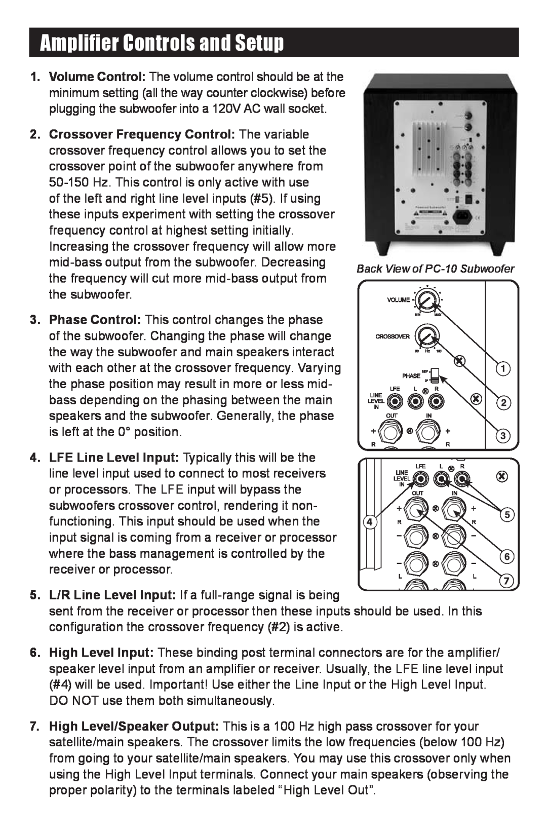 RBH Sound PC-10 SUBWOOFER owner manual Amplifier Controls and Setup 