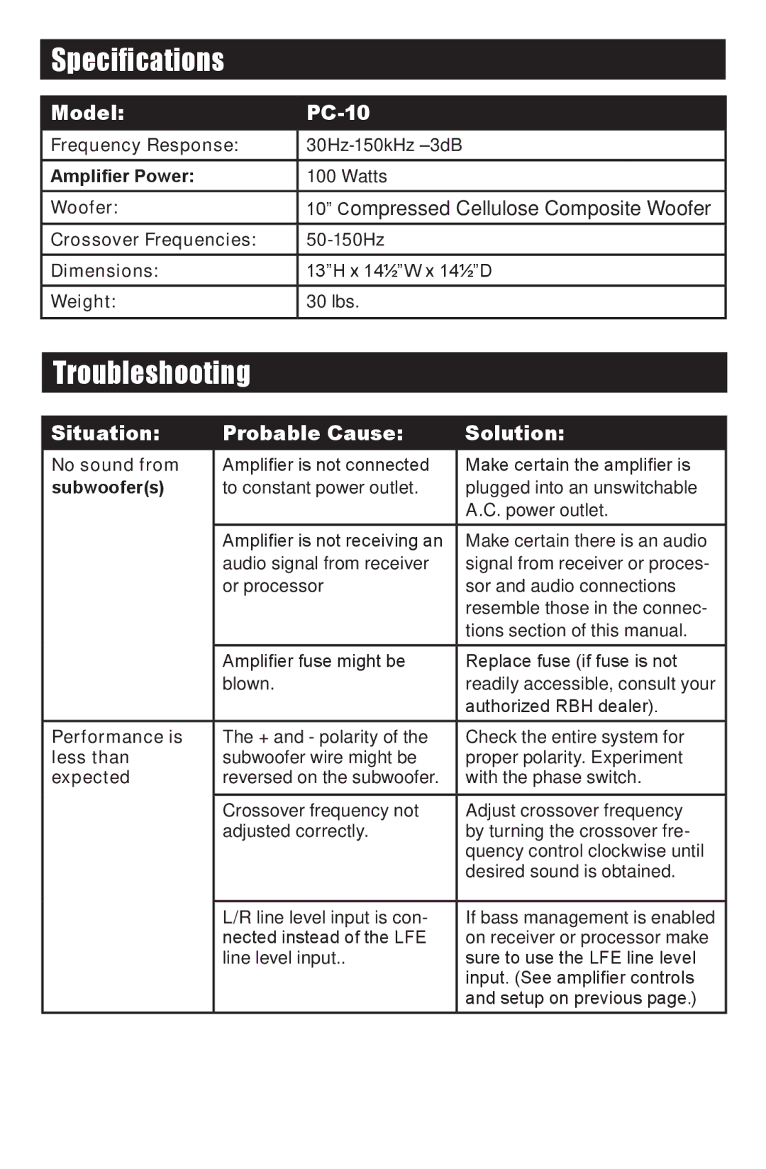 RBH Sound PC-10 owner manual Specifications, Troubleshooting 