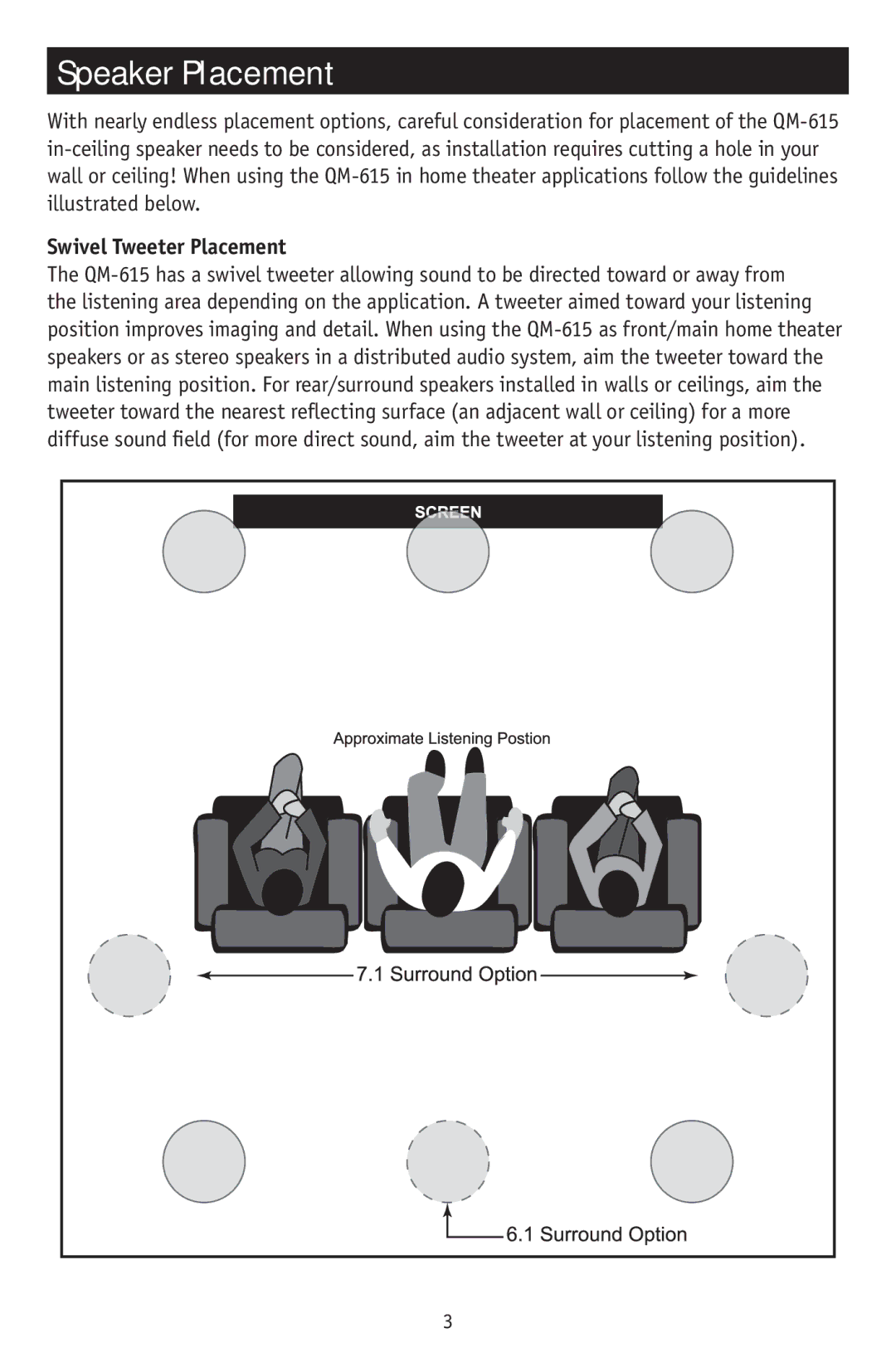 RBH Sound QM-615 operation manual Speaker Placement, Swivel Tweeter Placement 