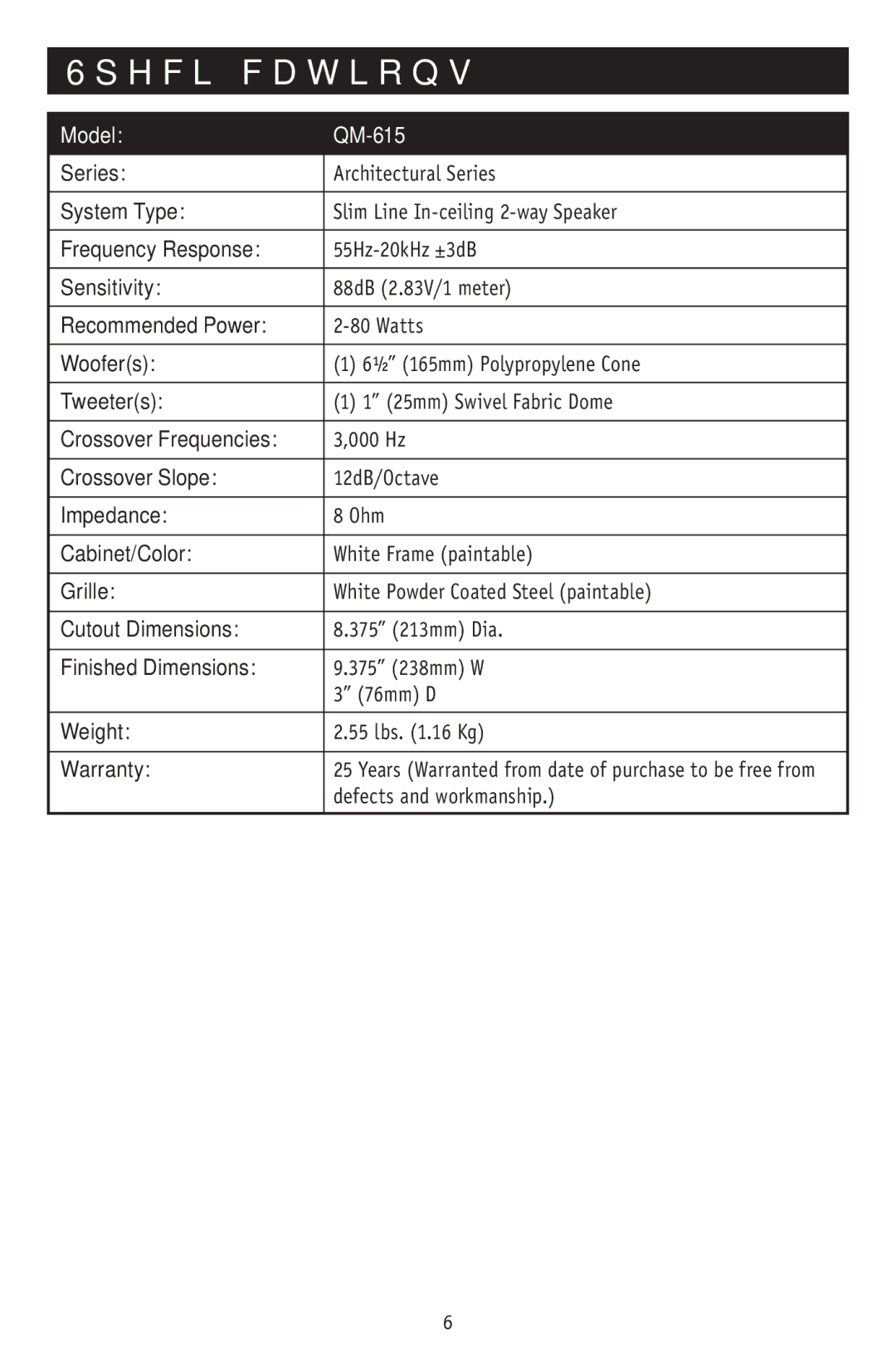 RBH Sound operation manual Specifications, Model QM-615 