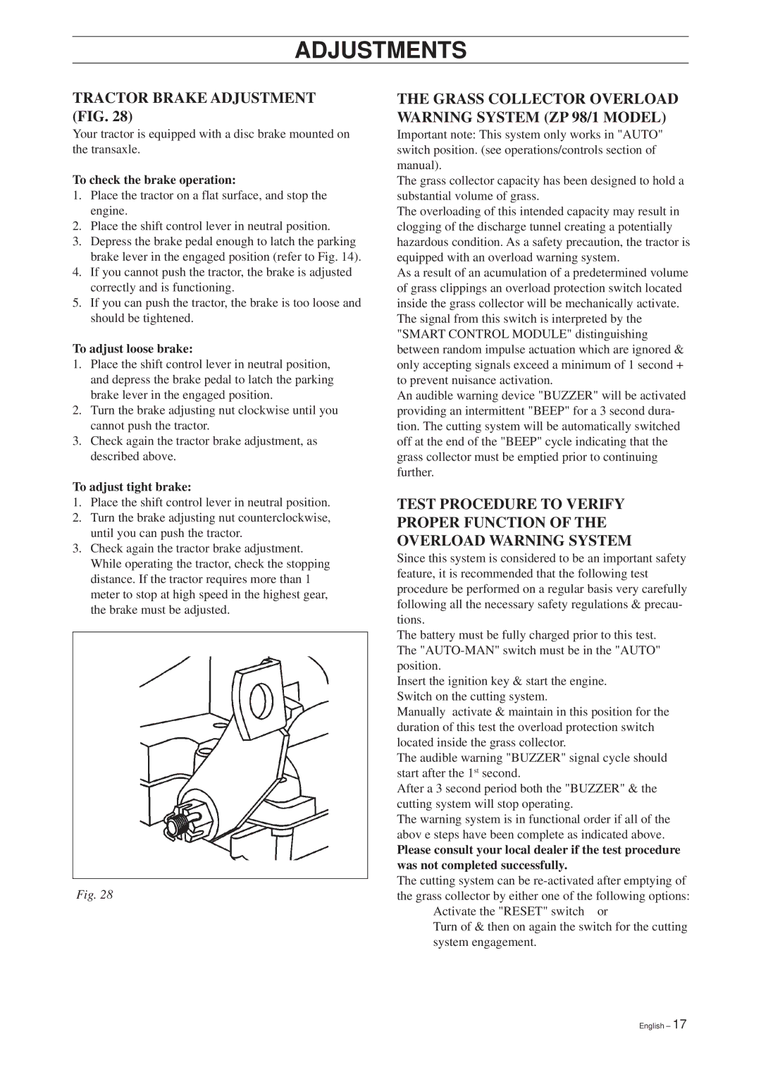 RBH Sound RBH 180 manual Adjustments, Tractor Brake Adjustment FIG, Grass Collector Overload Warning System ZP 98/1 Model 